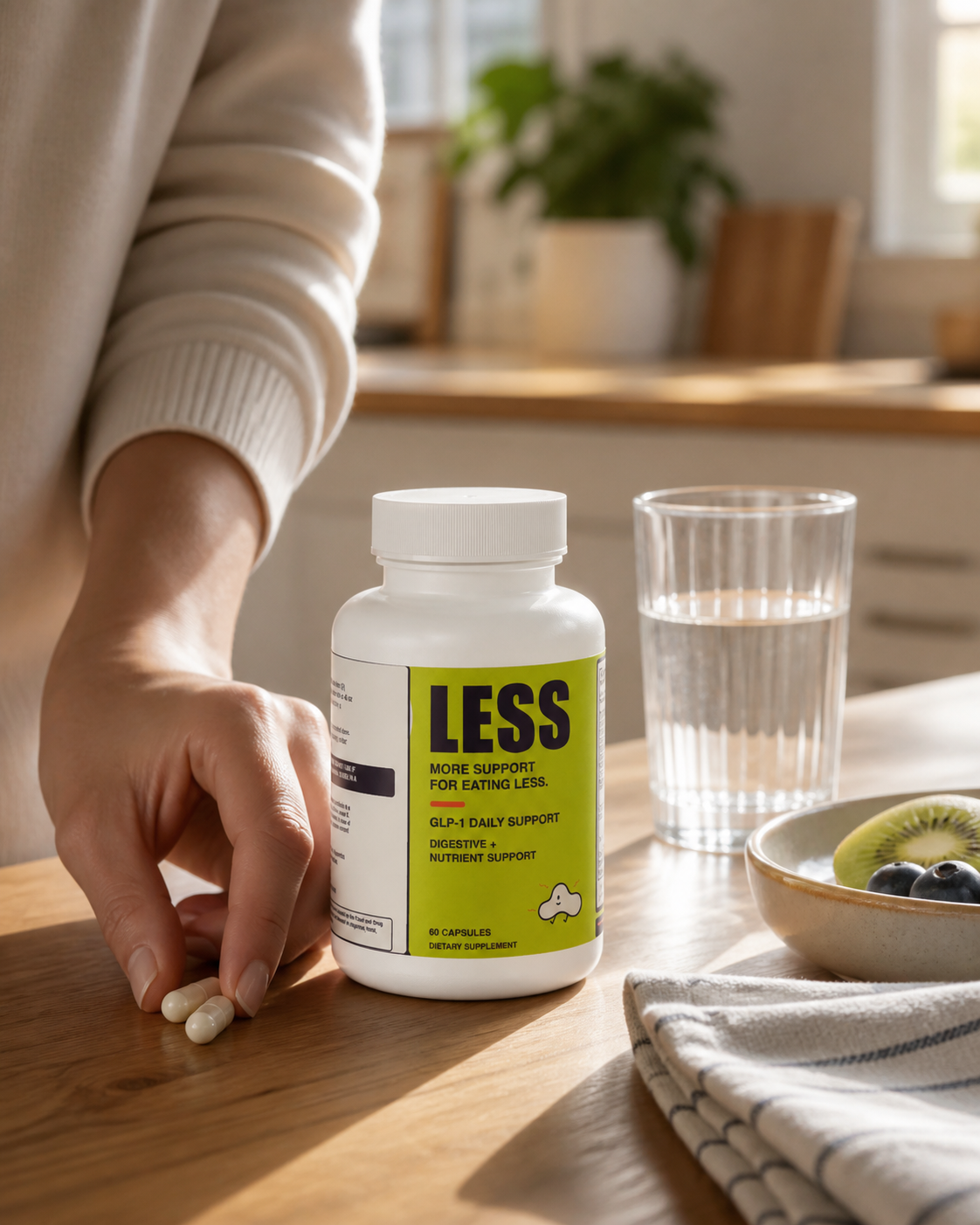 LESS Daily Support beside water and a light breakfast